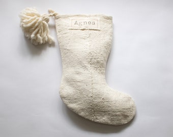 White Mudcloth Christmas Stocking with Pom Poms, Cream Minimalist Decor