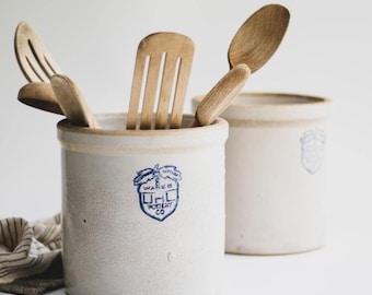 ASSORTED Antique UHL Stoneware Crocks: Acorn Wares Pottery, Farmhouse Utensil Holder