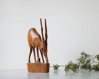 Vintage Carved Wood Gazelle Statue | Wooden African Figurine Animal | Global Bohemian Decor