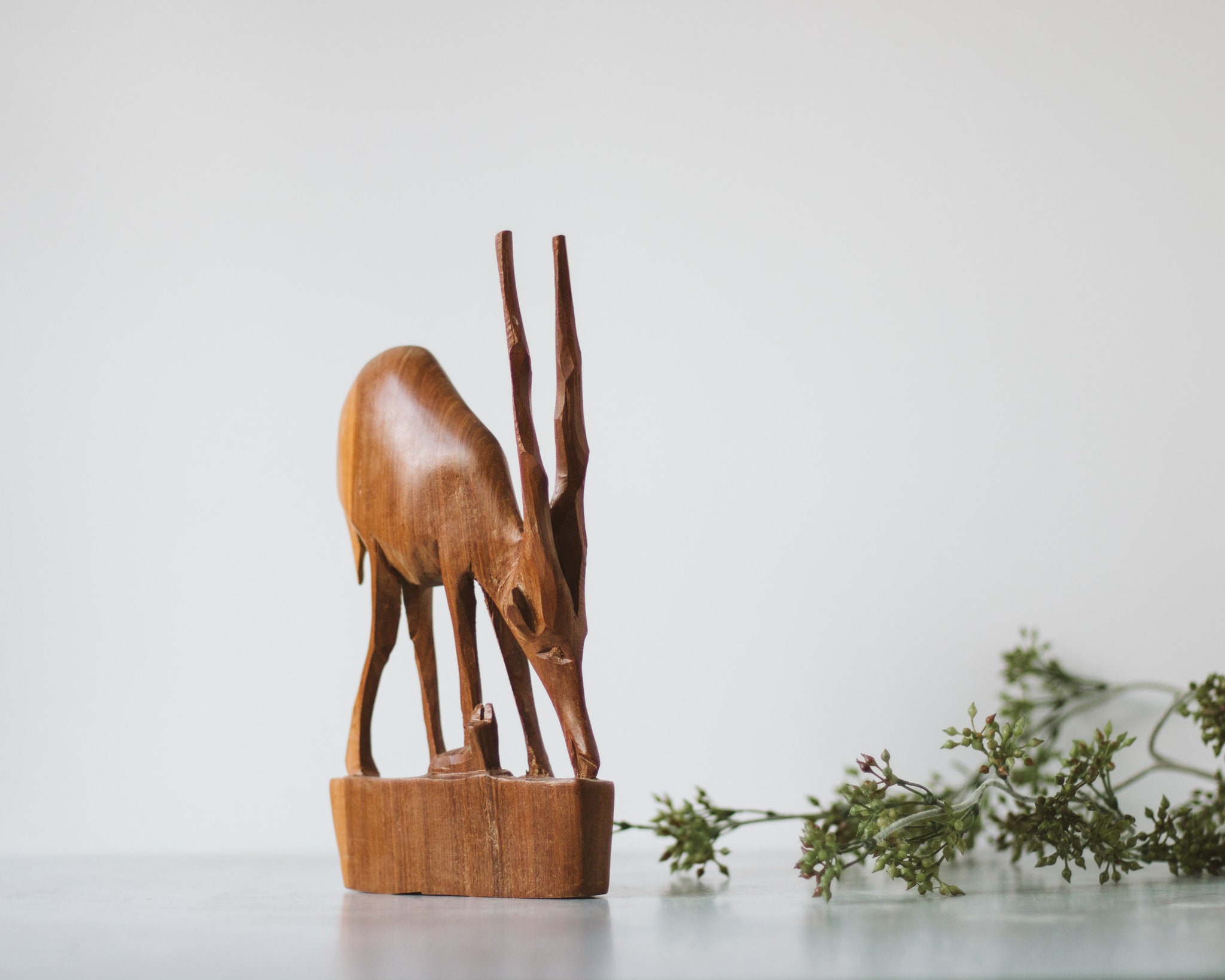 Vintage Carved Wood Gazelle Statue | Wooden African Figurine Animal Global Bohemian Decor
