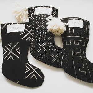 Black Christmas Stocking Mudcloth, Modern Stockings with Pom Poms and Name Tags, Unique Custom Stockings for Family, Neutral Holiday Décor