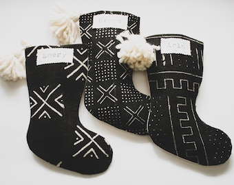 Black Christmas Stocking Mudcloth, Modern Stockings with Pom Poms and Name Tags, Unique Custom Stockings for Family, Neutral Holiday Décor