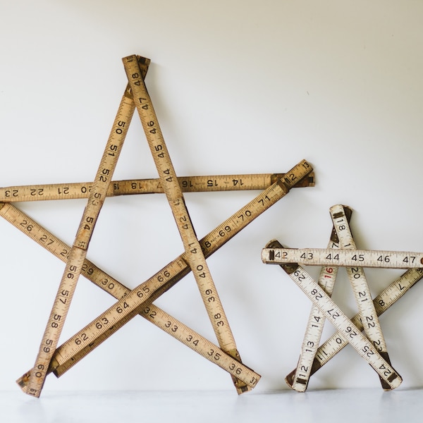 Assorted Vintage Wooden Yardstick Stars, Modern Farmhouse Christmas Decor, Large Wooden Star Folding Measuring Stick Ruler