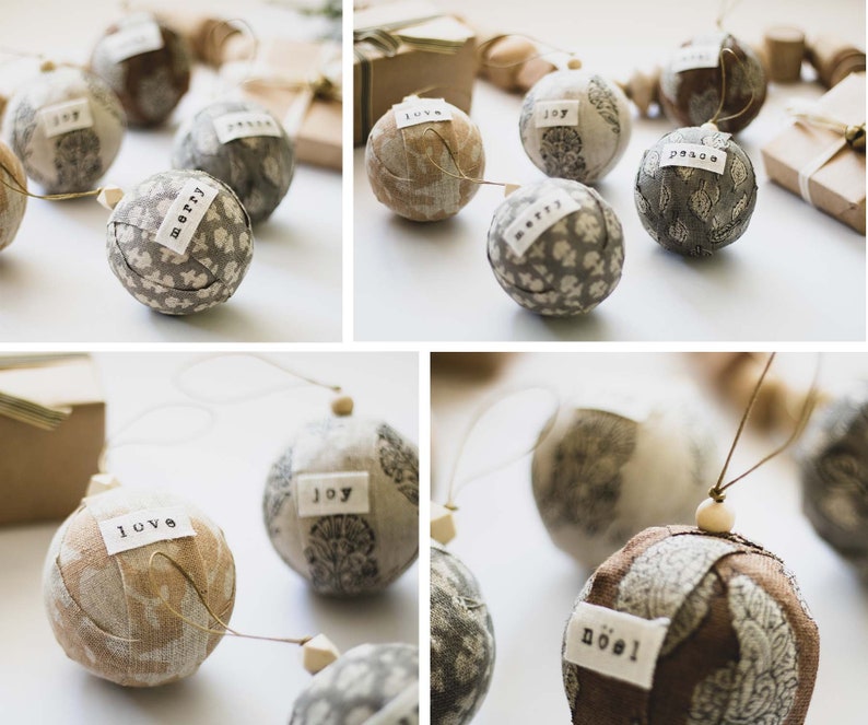 Linen Christmas Ornament, Neutral Handmade Block Print Ornaments, Modern Farmhouse Holiday Decor, Hand Block Fabric Christmas Decorations image 5