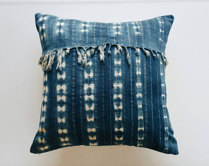 Vintage Indigo Mudcloth Pillow Cover With Metallic Threads and Fringe