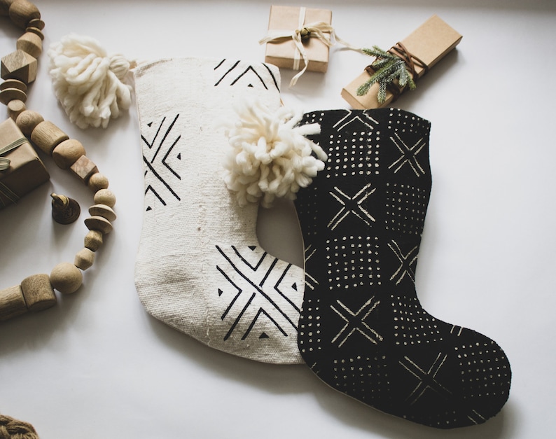White and Black Christmas Stockings Personalized, Mud Cloth Stockings White, Modern Boho Holiday Decor, Neutral Family Stockings Mudcloth image 10