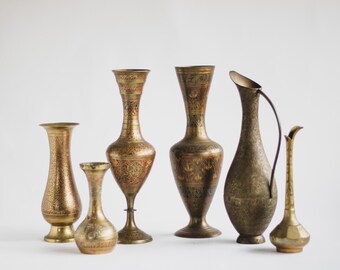 Etched Brass Vase: Vintage Indian Floral Inlay, Boho Decor