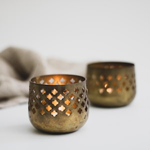 Assorted Brass Tealight Holder with Moroccan Cutouts, Modern Boho Christmas Decor, Holiday Votive Holder, Brass Candleholder for Tealights