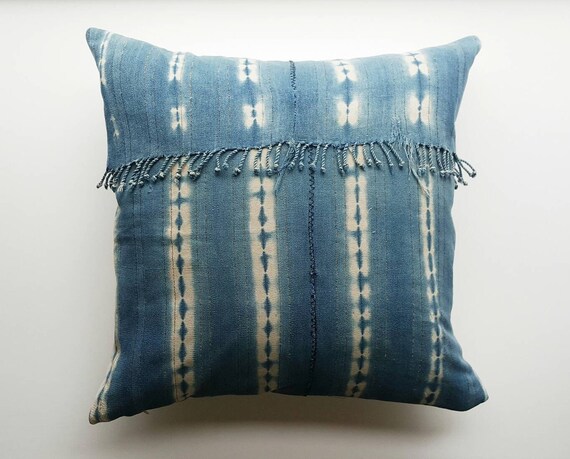 Indigo Mudcloth Pillow Cover with Faded Indigo Mudcloth Pillow Cover for