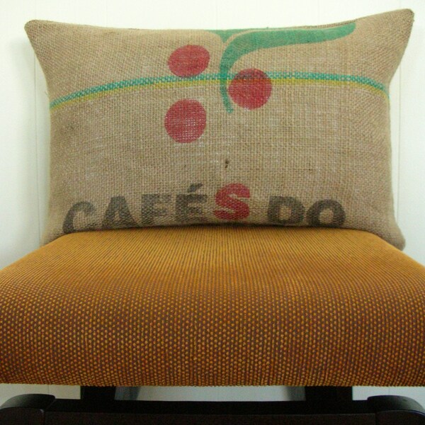 Repurposed Burlap Coffee Bag Pillow Cover, Brazil, 12" x 20"