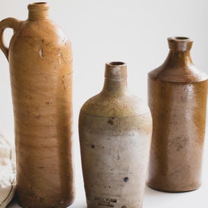 Assorted Antique European Stoneware Bottles: Rustic Farmhouse Pottery from Portugal, Germany + Amsterdam image 7