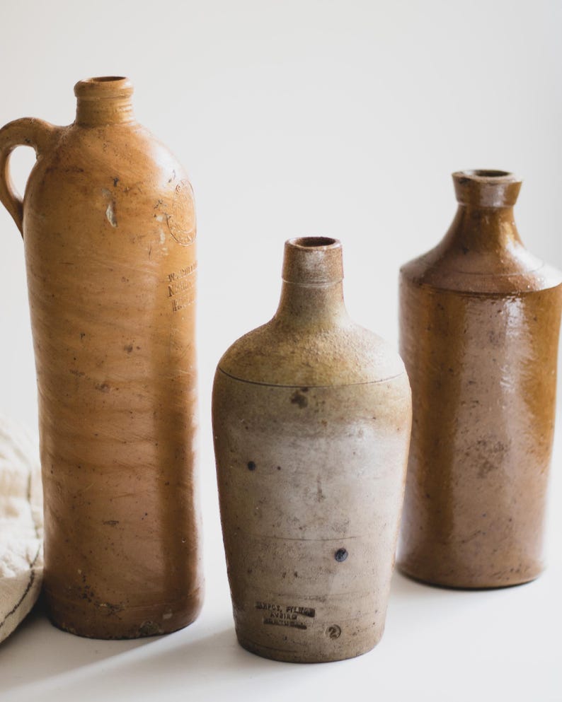 Assorted Antique European Stoneware Bottles: Rustic Farmhouse Pottery from Portugal, Germany + Amsterdam image 7