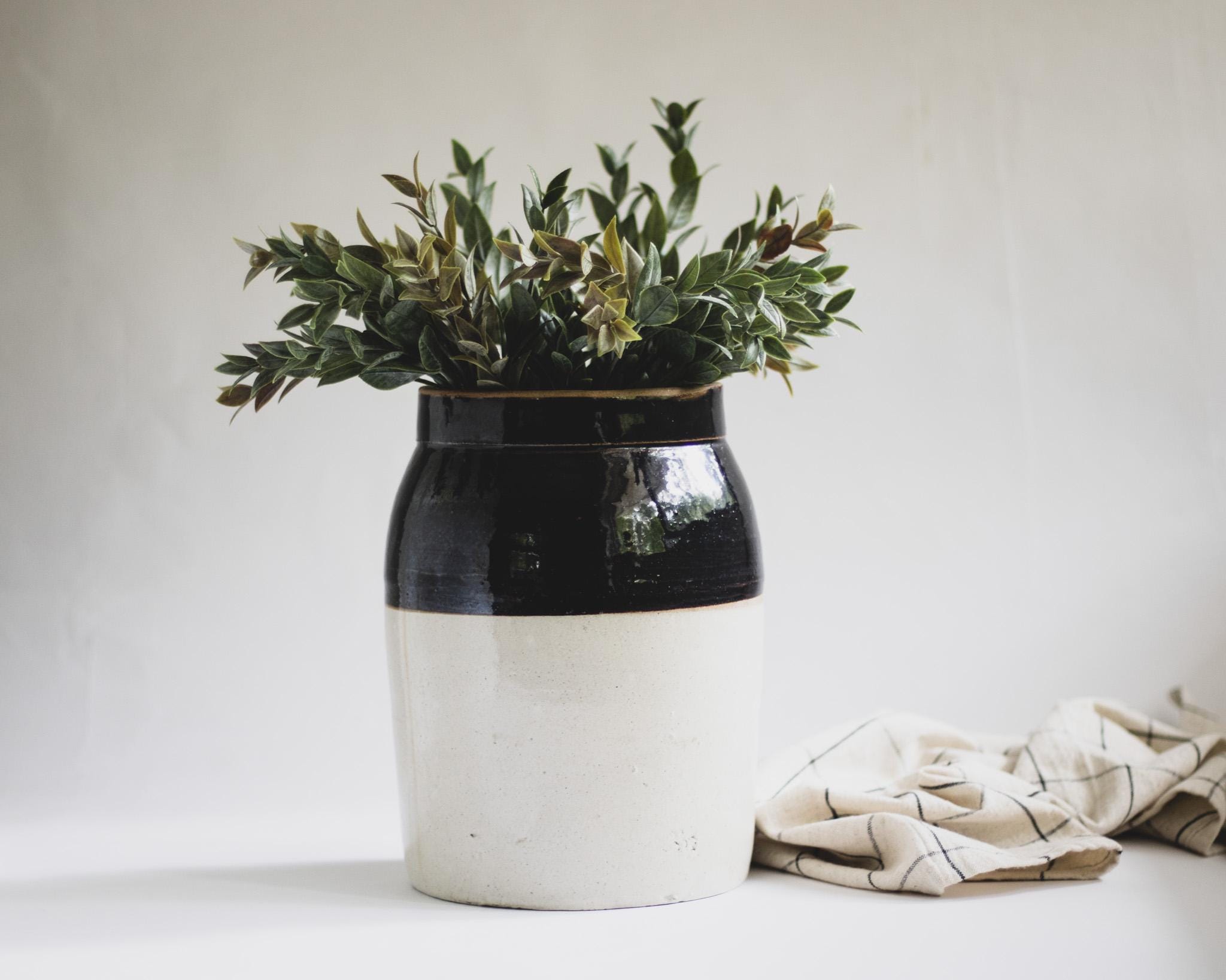 Antique Stoneware Crock: Beige & Brown Farmhouse Vase