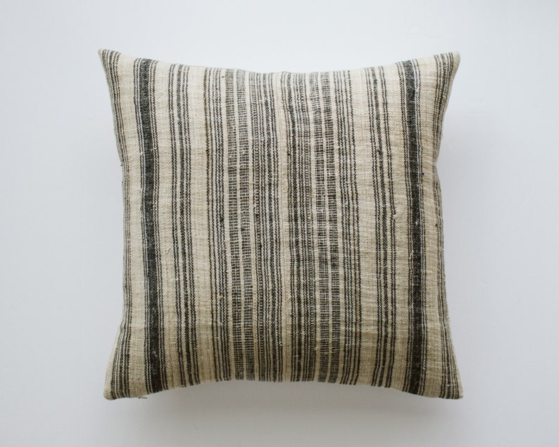 Grey Striped Hmong Pillow Cover, Hemp Linen Pillow, Homespun Linen Stripe Throw Pillow 20x20, Minimalist Pillows, Modern Farmhouse Decor image 5