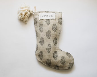 Natural Linen Christmas Stockings, Hand Block Print Stocking, Neutral Stocking with Customized Nametag, Modern Farmhouse Christmas Décor