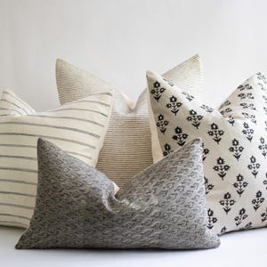 Black & Gray Throw Pillow Combination, Curated Neutral Block Print Pillow Set, Hand Block Designer Pillows, Decorative Pillow Combo for Sofa