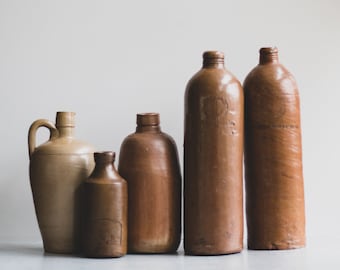 Assorted Antique European Stoneware Beer Ale Liquor Bottles | Rustic Farmhouse Pottery | Ceramic Bottle Germany + Amsterdam Holland