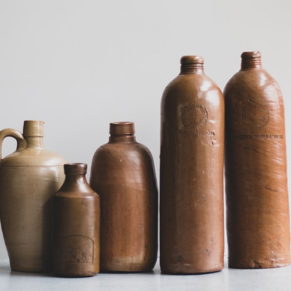 Assorted Antique European Stoneware Beer Ale Liquor Bottles | Rustic Farmhouse Pottery | Ceramic Bottle Germany + Amsterdam Holland