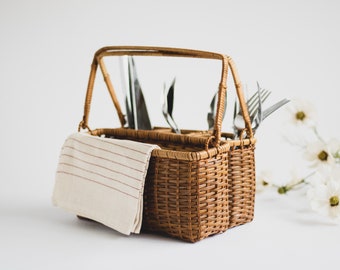 Vintage Wicker Flatware and Napkin Caddy, Rattan Silverware Basket, Basket for Silverware, Summer Tableware, Cutlery Basket, Flatware Caddy