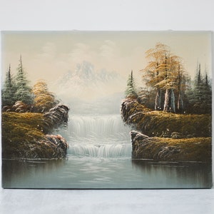 Vintage Waterfall Oil Painting on Canvas: American Realism Landscape