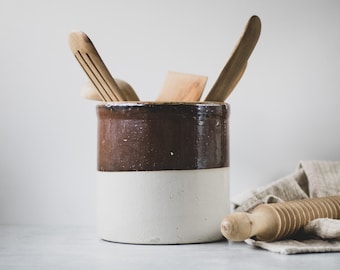 Assorted Antique Dipped Stoneware Crocks for Utensils, Modern Farmhouse Pottery, Vintage Brown Crock, Kitchen Utensil Holder