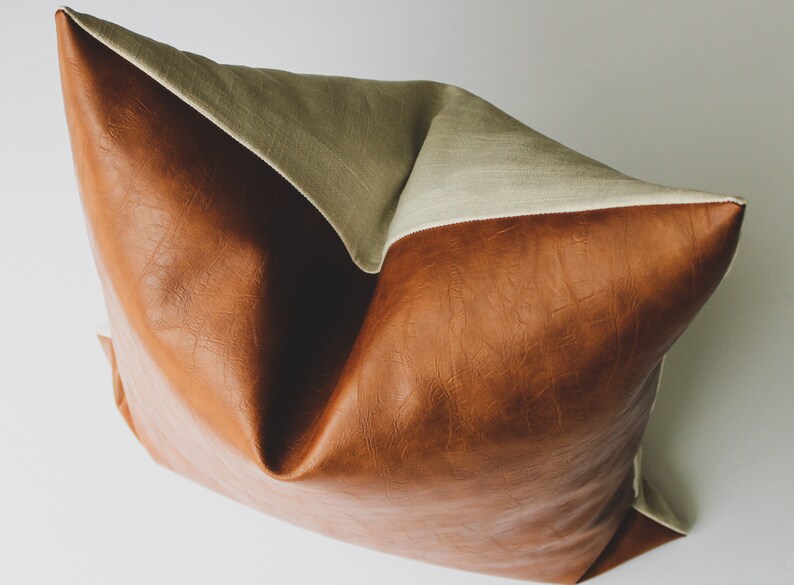 Faux Leather Pillow Cover Caramel, Boho Modern Farmhouse Minimalist Throw Pillows, Realistic Vegan Leather Pillow image 3