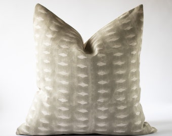 Gray Green Linen Hand Blocked Pillow Cover with Diamond Print, Modern Neutral Decor | AIDA