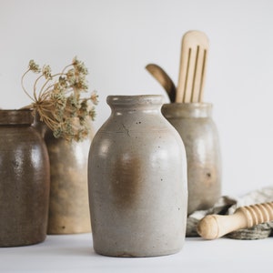 Primitive Salt Glazed Stoneware Jar, Beige Ceramic Crock Vase, Modern Farmhouse Pottery, Antique Stoneware Pottery Vase image 2