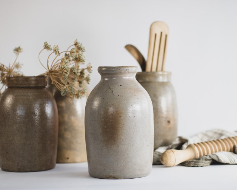 Primitive Salt Glazed Stoneware Jar, Beige Ceramic Crock Vase, Modern Farmhouse Pottery, Antique Stoneware Pottery Vase image 2