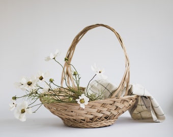 Vintage Gathering Basket with Handle, Farmhouse Harvesting Basket, Bamboo Handled Basket, Rattan Kitchen Basket with Handle