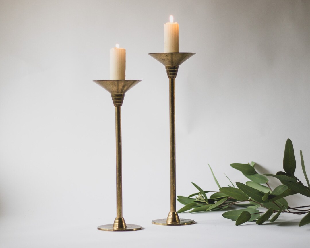Set of 2 Tall Skinny Stem Brass Candle Stick, Large Mid Century Modern Brass Candle Holders
