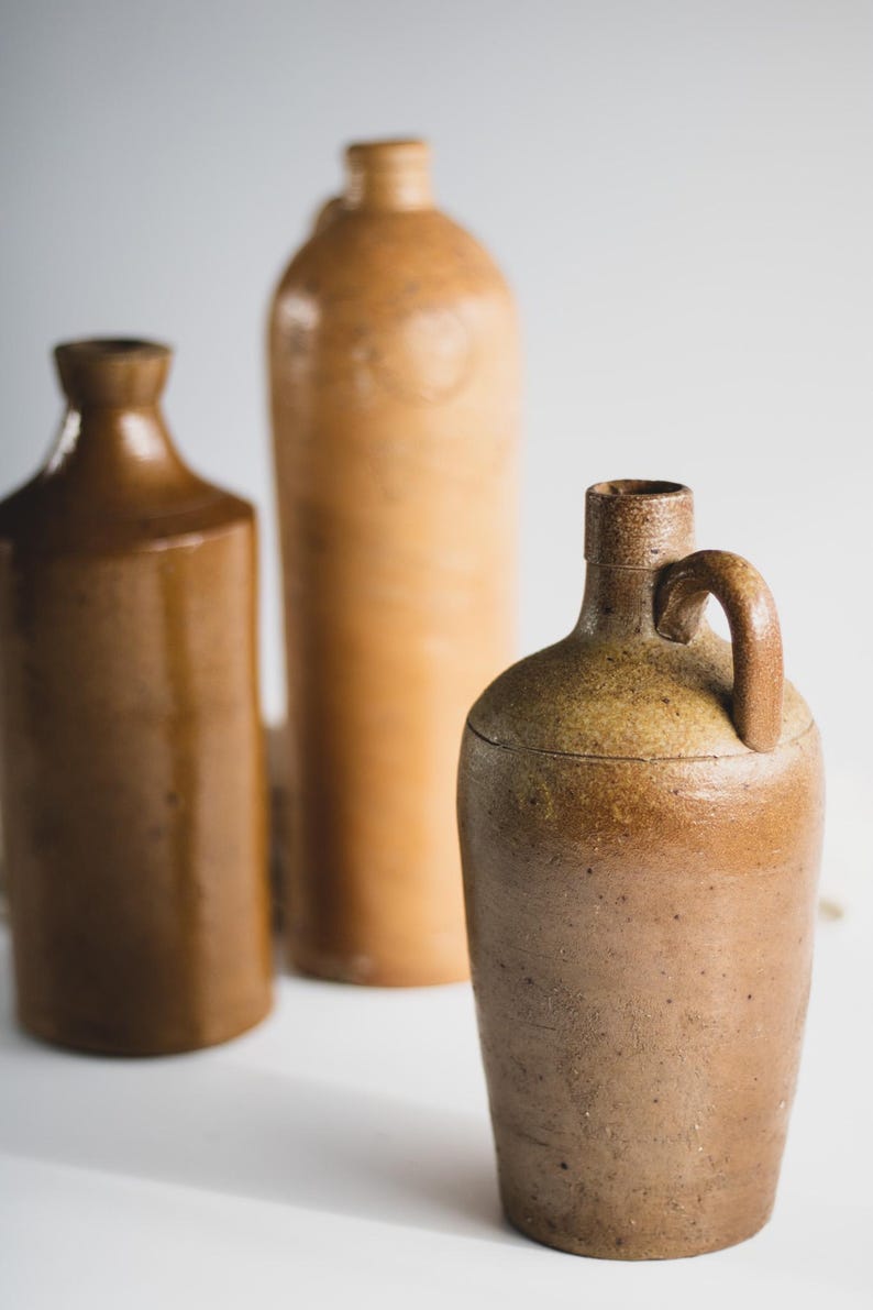 Assorted Antique European Stoneware Bottles: Rustic Farmhouse Pottery from Portugal, Germany + Amsterdam image 9