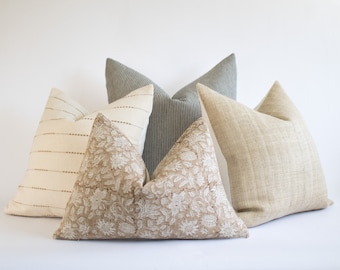 Neutral Pillow Combo Set, Block Printed Pillow Set, Designer Throw Pillow Combination Sectional, Modern Farmhouse Pillow Combo for Couch
