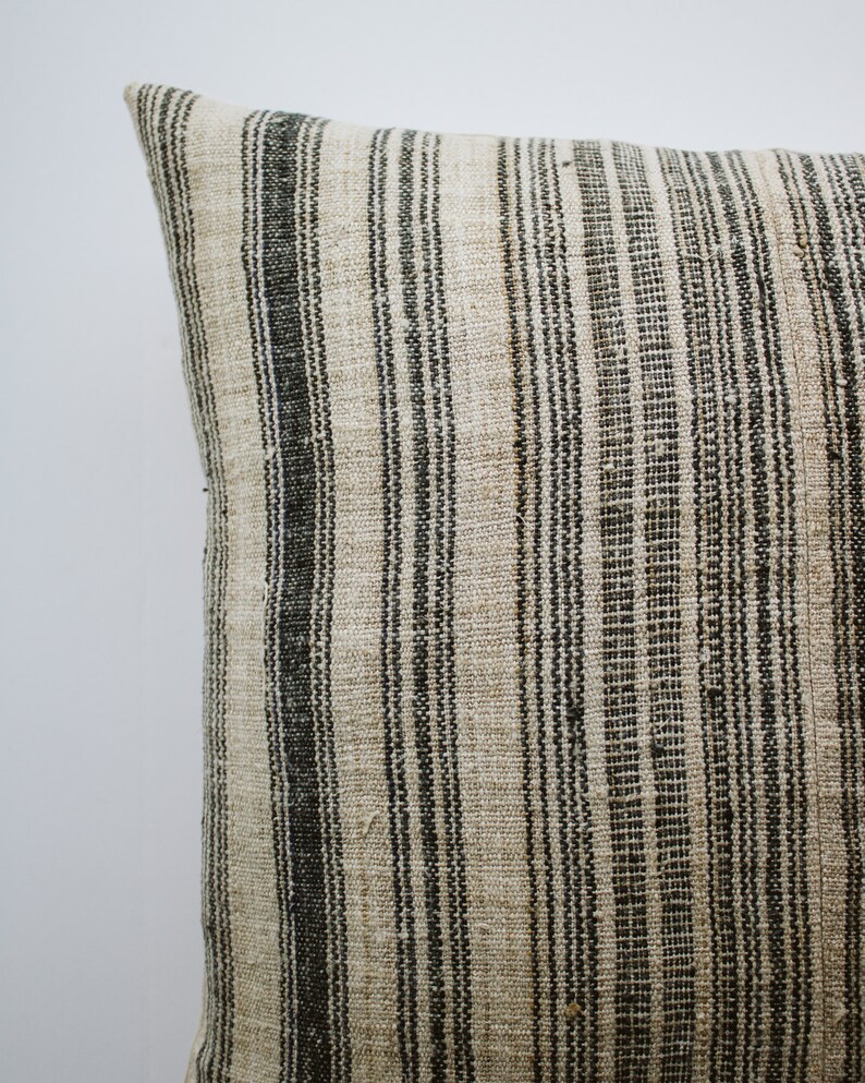 Grey Striped Hmong Pillow Cover, Hemp Linen Pillow, Homespun Linen Stripe Throw Pillow 20x20, Minimalist Pillows, Modern Farmhouse Decor image 6