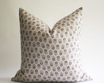 Brown and Black Floral Block Print Pillow Cover, Farmhouse Throw Pillows, Decorative Pillow, Designer Linen Pillows, Floral Throw Pillow