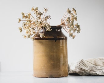 Antique Brown Dipped Antique Stoneware Crock Vase, Modern Farmhouse Ceramic Vase, Stoneware Canning Jar, Tall Crock for Kitchen Utensils