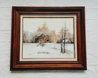 Vintage Framed Oil Painting on Canvas of Cabin in the Snowy Woods - Rustic Winter Wonderland Scene - Modern Farmhouse Fall Winter Decor
