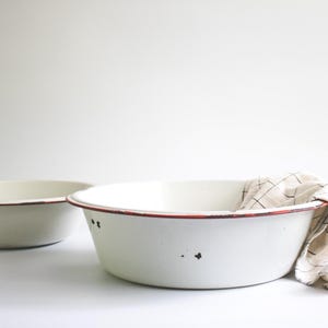 Set of 2 Large Antique White Chippy Enamelware Bowls with Red Rim, Vintage Enamel Wash Tubs, French Farmhouse Kitchen Home Decor