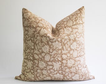 Brown Floral Linen Block Print Pillow Cover, Hand Blocked Farmhouse Throw Pillow | HAZEL