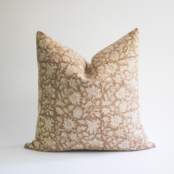 Brown Floral Linen Block Print Pillow Cover, Hand Blocked Farmhouse Throw Pillow | HAZEL