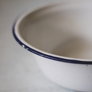 Vintage White Chippy Enamelware Bowl Blue Rim Enamel Farmhouse Bowl French Kitchen Decor image 9