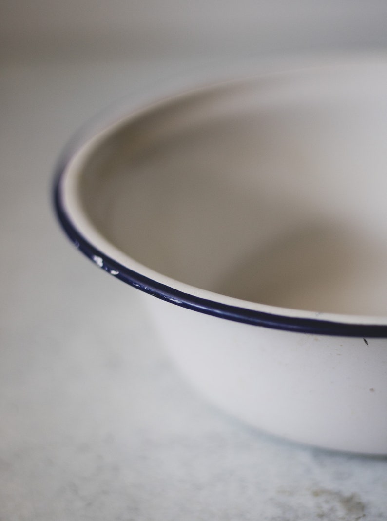 Vintage White Chippy Enamelware Bowl Blue Rim Enamel Farmhouse Bowl French Kitchen Decor image 9