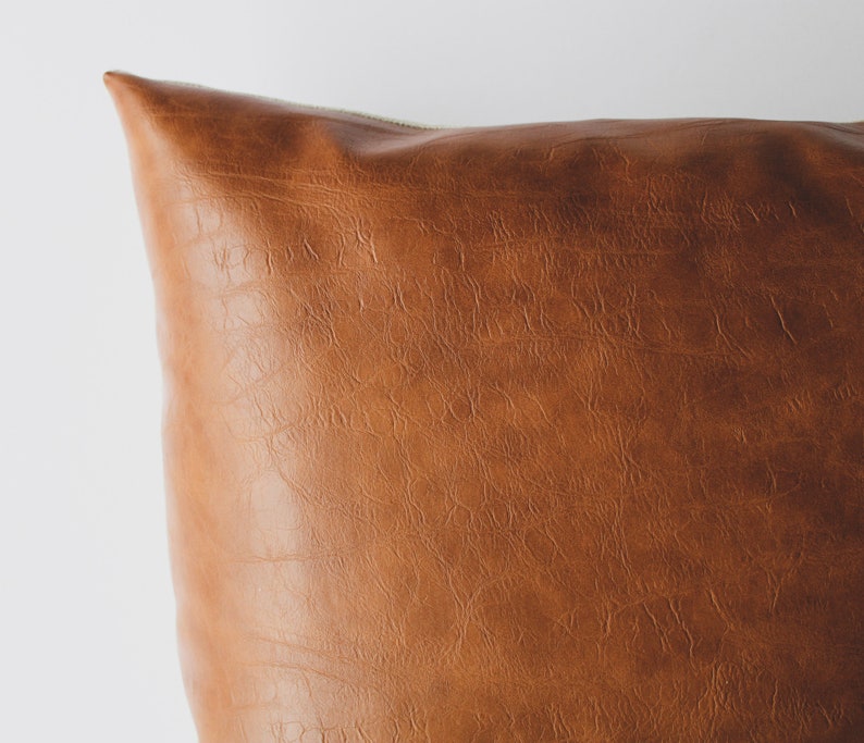 Faux Leather Pillow Cover Caramel, Boho Modern Farmhouse Minimalist Throw Pillows, Realistic Vegan Leather Pillow image 5