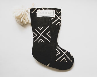 Black Mudcloth Christmas Stockings, Personalized Stockings, Neutral Modern Stockings, Stockings with Custom Nametags, Boho Holiday Decor