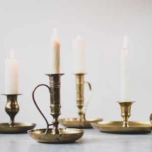 Assorted Vintage Brass Candlestick Holders with Handle | Brass Chamber Candle Holder | Modern Farmhouse Candlesticks | Traditional Candles