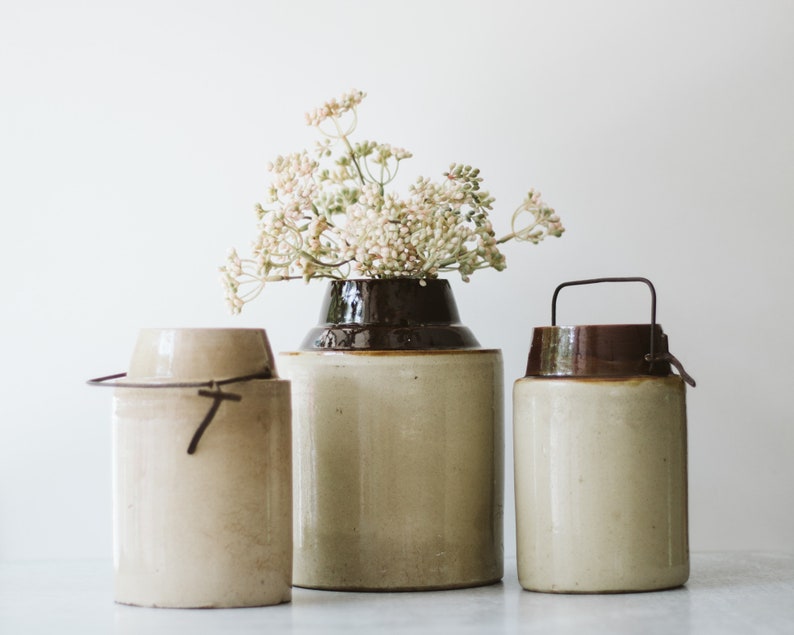 Assorted Small Vintage Dipped Stoneware Crock Jars, Antique Stoneware Canning Jars, Small Ceramic Crock Vase image 1