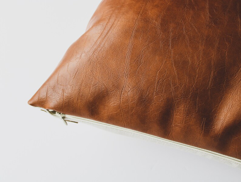 Faux Leather Pillow Cover Caramel, Boho Modern Farmhouse Minimalist Throw Pillows, Realistic Vegan Leather Pillow image 6