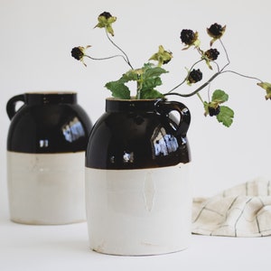 Assorted Antique Beige and Dark Brown Stoneware Crocks with Handle, Vintage Farmhouse Pottery Vase, Stoneware Canning Crock Jar