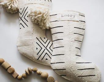 White and Black Mudcloth Christmas Stockings with Personalization, Modern Boho Holiday Decor