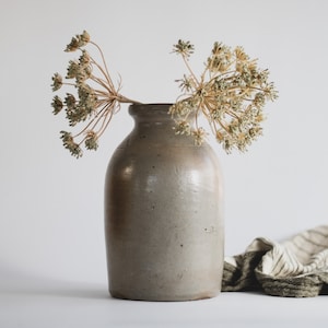 Primitive Salt Glazed Stoneware Jar, Beige Ceramic Crock Vase, Modern Farmhouse Pottery, Antique Stoneware Pottery Vase image 1